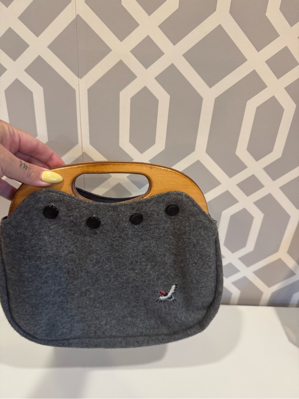 Vintage Gray Felt Handbag with Wooden Handles and interchangeable black cover